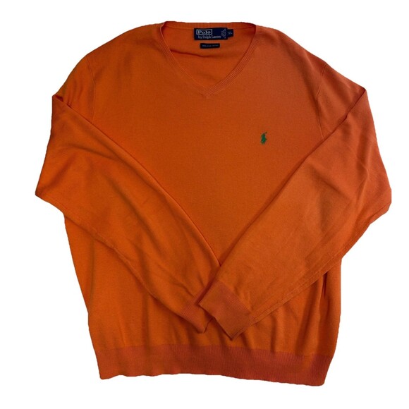 Polo Ralph Lauren Sweater Mens XL V Neck Pullover Orange Pima Cotton Preppy - Picture 1 of 7